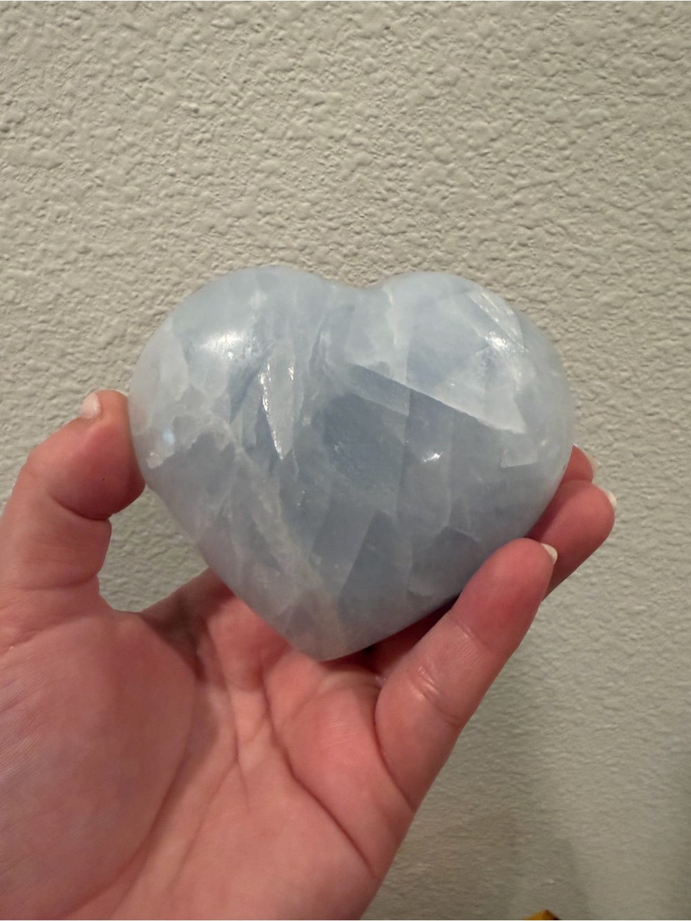 Polished Light Blue Calcite Heart Crystal Palm Stone